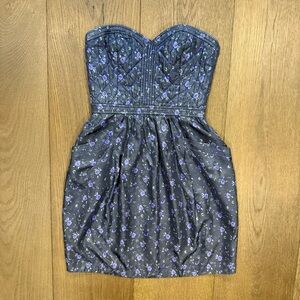 Rebecca Taylor Black and Purple Floral Strapless Dress